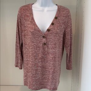 Red-Pink Button-Detail V-Neck Sweater